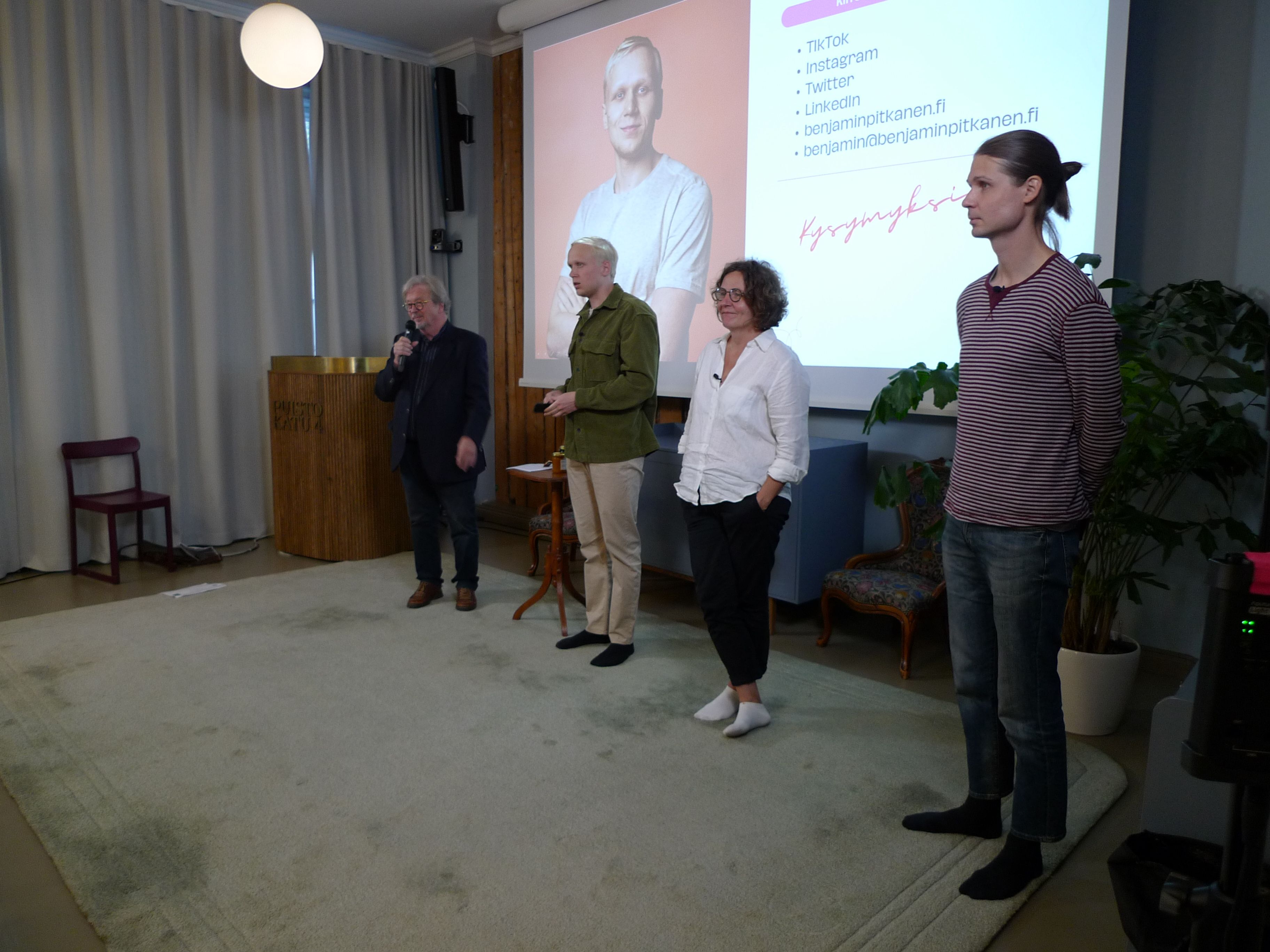 Timo Tyrväinen, Benjamin Pitkänen, Minna Kaljonen sekä Pasi Pohjolainen esittelivät ruuantuotannon tulevaisuuden haasteita